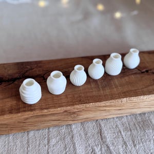 Pu&ograve; includere: Un set di sette piccoli vasi in ceramica bianca di forme e dimensioni diverse, disposti in fila su una superficie di legno.