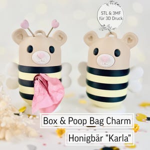 Puede incluir: Dos dispensadores de bolsas para excrementos con forma de oso y rayas de abeja. Uno tiene un pañuelo rosa que sobresale. El texto dice "Box & Poop Bag Charm Honigbär 'Karla'" y "STL & 3MF für 3D Druck".