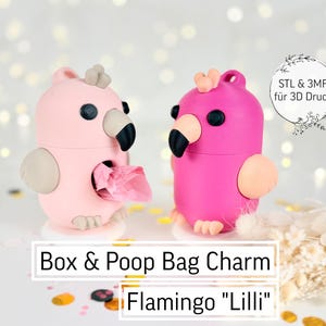 May include: Two flamingo-shaped dispensers, one pink and one light pink, with black beaks and eyes. The light pink flamingo dispenses pink tissue. The dispensers are labeled "Box & Poop Bag Charm Flamingo 'Lilli'" and "STL & 3MF für 3D Druck."