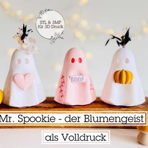 Op de afbeelding: Drie spookvormige beeldjes met unieke ontwerpen. Een witte geest heeft een roze hart, een andere roze geest heeft een "BOO!"-bord, en de derde witte geest houdt een pompoen vast. De tekst "Mr. Spookie - der Blumengeist" wordt weergegeven.