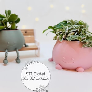 Könnte beinhalten: Zwei 3D-gedruckte Pflanztopf mit lächelnden Gesichtern und Beinen. Die Töpfe sind grün und rosa und halten Pflanzen. Der Text "STL Datei für 3D Druck" ist im Bild sichtbar.
