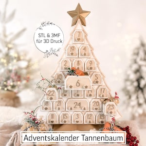 Op de afbeelding: Een beige, boomvormige adventskalender met vierentwintig genummerde laatjes, bekroond met een gouden ster. De tekst "STL & 3MF für 3D Druck" en "Adventskalender Tannenbaum" is zichtbaar. Het ontwerp bevat kleine ster- en hartpictogrammen op elk laatje.
