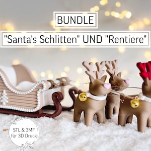 Peut inclure: Un ensemble de Noël festif comprenant un traîneau marron et blanc avec un motif d'arbre, tiré par trois rennes. Les rennes ont des corps bruns, des colliers blancs et des bois rouges ou bruns. Le texte "BUNDLE" et "Santa's Schlitten UND Rentiere" sont affichés.