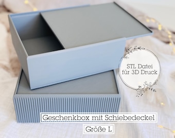 Könnte beinhalten: Eine hellgraue rechteckige Box mit einem Schiebedeckel. Die untere Box hat vertikale geriffelte Details. Der Text auf dem Bild lautet "STL-Datei für 3D-Druck" und "Geschenkbox mit Schiebedeckel".