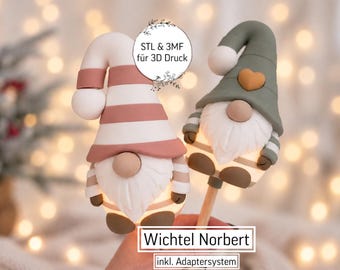 Könnte beinhalten: Zwei Wichtelfiguren für den 3D-Druck, beschriftet mit Wichtel Norbert. Ein Wichtel trägt eine rosa-weiß gestreifte Mütze, der andere eine salbeigrüne Mütze mit Herz. Beide haben weiße Bärte, runde Nasen und braune Akzente. Enthält Text STL & 3MF für 3D Druck.
