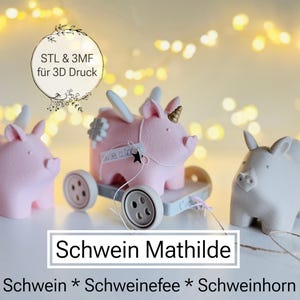 Puede incluir: Tres figuras caprichosas de cerdos en rosa y blanco, una con un cuerno dorado y alas, otra en un carro con ruedas. El texto "Schwein Mathilde" se muestra debajo de las figuras, con texto adicional arriba y abajo.