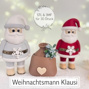 Könnte beinhalten: Zwei Weihnachtsmann-Figuren, eine graue und eine rote, stehen neben einem braunen Sack mit einem Herz. Der graue Weihnachtsmann hat einen Schneeflocke auf der Brust. Der Text "STL & 3MF für 3D Druck" und "Weihnachtsmann Klausi" ist enthalten.