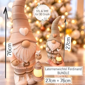Könnte beinhalten: Zwei Wichtelfiguren, eine 76cm und eine 27cm groß, beide mit hohen Mützen mit Herzakzenten und Laternen. Der Text lautet STL & 3MF für 3D Druck, Laternenwichtel Ferdinand BUNDLE und 27cm + 76cm. Die Wichtel haben weiße Bärte und Stiefel.