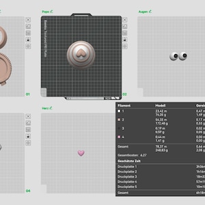 May include: A digital 3D printing interface displaying five distinct build plates. The layout includes beige components like a head and body, white heart-shaped wings, small white spheres, and a pink heart. A data table lists filament usage and print times.