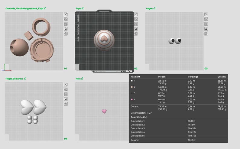May include: A digital 3D printing interface displaying five distinct build plates. The layout includes beige components like a head and body, white heart-shaped wings, small white spheres, and a pink heart. A data table lists filament usage and print times.