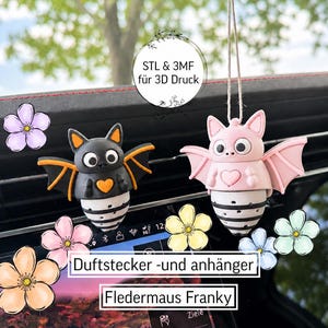 May include: Two bat-shaped air fresheners, one black with orange accents and one pink, both featuring a heart on the chest and a white base with black stripes. The image includes text reading STL & 3MF für 3D Druck, Duftstecker -und anhänger, and Fledermaus Franky.