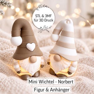 May include: Two gnome figurines with pointed hats, one brown and one striped beige and white. The brown gnome features a white heart on its hat. Both have white beards and round noses. Text reads: STL & 3MF für 3D Druck, Mini Wichtel - Norbert, Figur & Anhänger.