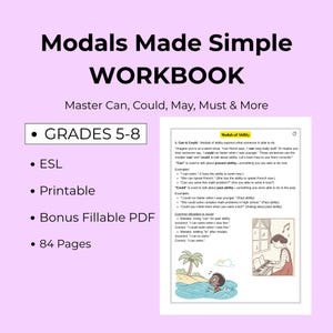 Może przedstawiać: Zeszyt ćwiczeń zatytułowany "Modals Made Simple" z podtytułem "Master Can, Could, May, Must & More". Zawiera "Grades 5-8", "ESL", "Printable", "Bonus Fillable PDF" i "84 Pages". Zeszyt ćwiczeń wyjaśnia użycie czasowników modalnych.