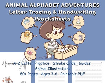 Animal Alphabet Tracing Worksheets | A-Z Letter Tracing & Handwriting Practice | Preschool Kindergarten