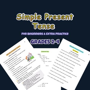 May include: Educational worksheet set titled Simple Present Tense for Beginners & Extra Practice Grades 2-4. The pages include explanations of habits, daily routines, general facts, and actions, plus an answer key and a practice exercise page.