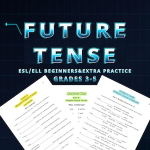 以下が含まれることがあります： Future Tense ESL/ELL Beginners & Extra Practice Grades 3-5と題された教育用ワークシートセット。ページには、単純未来時制のウィルチャレンジ、解答キー、多肢選択式の復習テストなどの文法演習が含まれています。