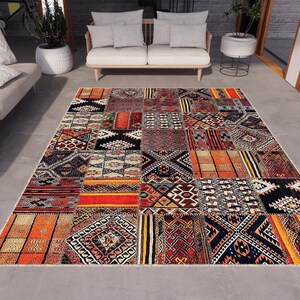 Orange Patchwork Rug, Rugs for Living Room And Bedroom, Washable Rug, Digital Print Rug, Custom Rug, Personalized Rug, Vintage Pattern Rug