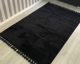 Black Plush Rug, Black Feather Rug, Fringed Rug, Black Soft Rug,  For Living Room And Bedroom, Washable Rug, Non Slip Rug, Leather Sole Rug