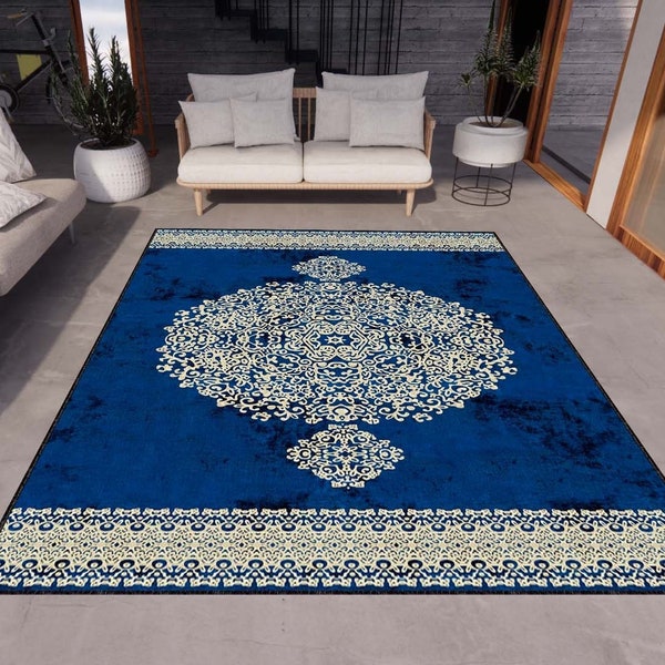 Navy Blue Rug, Silver Color Pattern Rug,  Washable Area Rugs, Rugs for Living Room, Rug for Bedroom, Digital Print Rug, Modern Rug, Gift Rug