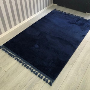 Dark Blue Plush Rug, Navy Feather Rug, Fringed Rug, Navy Soft Rug, For Living Room And Bedroom, Washable Rug, Non Slip Rug, Leather Sole Rug