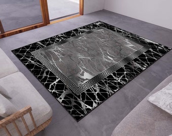 Black Marble Pattern Rug, Washable Area Rugs, Rugs for Living Room, Rug for Bedroom, Digital Print Rug, Modern Rug, Non Slip Rug, Gift Rug