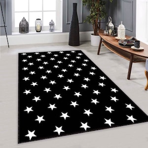 Alfombra negra con estampado de estrellas, alfombra de Navidad, alfombra de estrella blanca, alfombras lavables, alfombras para dormitorio y sala de estar, alfombra de regalo de Navidad con impresión digital