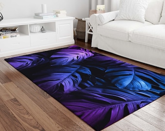 Dark Blue Leaf Pattern Rug, Black Rug, Washable Rug, Rugs for Living Room, Floral Rug , Rugs for Bedroom, Digital Print Rug, Art Deco Rug