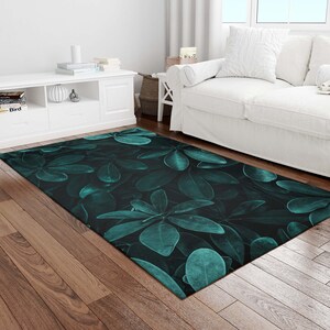 Black Floral Pattern Rug, Blue Flowers, Washable Area Rugs, Rugs for Living Room, Rugs for Bedroom, Digital Print Rug, Modern Art Deco Rug