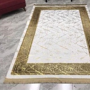 Goud met wit tapijt, goud gestreept tapijt, gouden franje tapijt, lederen zool tapijt, antislip tapijt, luxe tapijt, tapijten voor woonkamer en slaapkamer