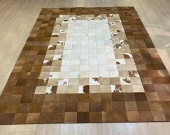 Brown-Beige Cowhide Patchwork Rug, Handwoven Cowhide Rug, Beige Cowhide, Natural Carpet, Brown Rug, Home Decor, Rugs For Home, Home Gift Rug