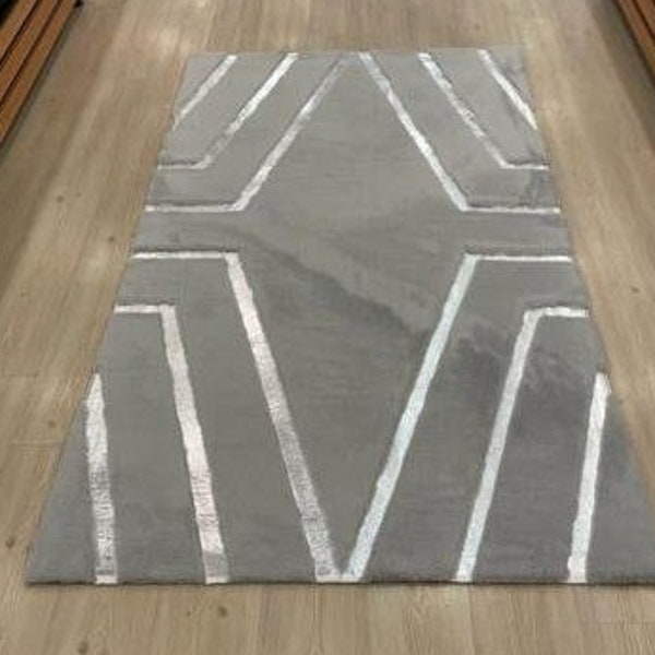 Gray With Silver Fur Rug, Silver Leather Striped Rug, Shaggy And Leather Carpet, Faux Fur Rug, Luxury Rug, Rugs For Living Room And Bedroom