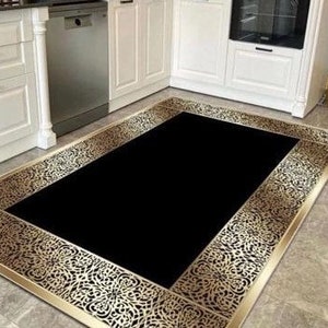 Golden Pattern Black Rug, Black Gold Rug, Washable Area Rugs, Rugs for Living Room, Rug for Bedroom, Digital Print Rug, Modern Rug, Gift Rug
