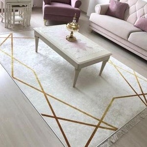 Golden Striped Beige Rug, Beige Gold Rug, Washable Area Rugs, Rugs for Living Room, Rug for Bedroom, Digital Print Rug, Modern Rug, Gift Rug