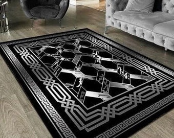 Silver Striped Black Rug, Silver Luxury Rug, For Living Room And Bedroom, Washable Rug, Non Slip Rug, Leather Sole Rug, Home Gift Rug