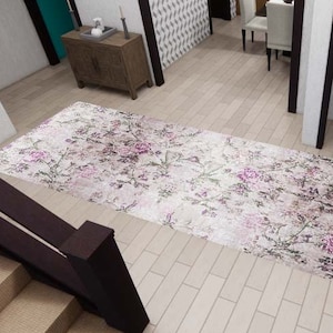 Purple Flowers Runner Rug, Beige Rug, Washable Rug, Corridor Rug, Kitchen Rug, Personalized Rug, Custom Rug, Wintage Look Rug, Non Slip Rug