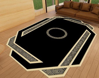 Golden Pattern Black Luxury Rug, Black And Gold Luxury Decor, Rugs For Living Room And Bedroom, Washable Rug, Leather Sole Rug, Gift Rug