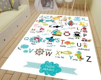 English Word Kids Rug, Animal Print Kids Rug, Personalized Rug, Rugs For Kids Room, Art Deco Rug, Colorfull Rug, Gift Rug, Bestseller Rug