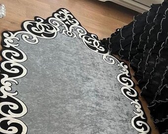 Black Striped Gray Luxury Rug, Asymmetric Cut Rug, Rugs For Living Room And Bedroom, Washeble Rug, Non Slip Rug, Leather Sole Rug, Gift Rug