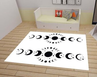 MooN Pattern Kids Rug, Black And White Rug, Personalized Rug, Rugs For Kids Room, Art Deco Rug, Colorfull Rug, Gift Rug, Bestseller Rug