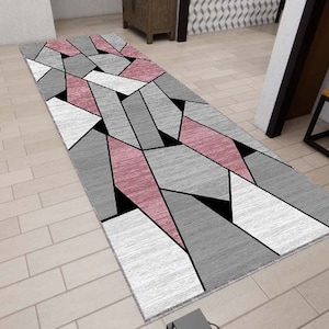 Pink With Gray Geometric Rug, Washable Rug, Corridor Rug, Kitchen Rug, Personalized Rug, Custom Rug, Modern Rug, Non Slip Rug, Home Gift Rug