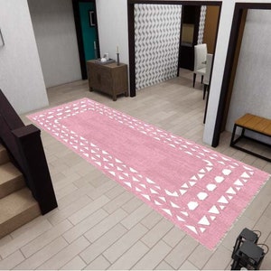 White Pattern Pink Rug, Washable Rug, Corridor Rug, Kitchen Rug, Personalized Rug, Custom Rug, Modern Rug, Designer Rug, Home Gift Rug