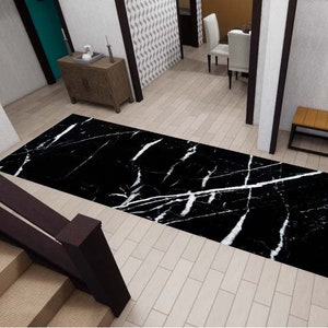 Zwart marmeren runner vloerkleed, wit gestreept tapijt, wasbaar tapijt, gang vloerkleed, keuken vloerkleed, gepersonaliseerd tapijt, aangepast tapijt, modern tapijt, antislip vloerkleed