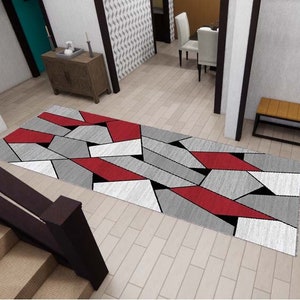Gray With Red Geometric Pattern Rug, Washable Rug, Corridor Rug, Kitchen Rug, Personalized Rug, Custom Rug, Modern Rug, Home Gift Rug