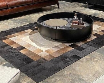 Brown- Black Cowhide Patchwork Rug, Handwoven Cowhide Rug, Beige Cowhide, Natural Carpet, Brown Rug, Home Decor, Rugs For Home