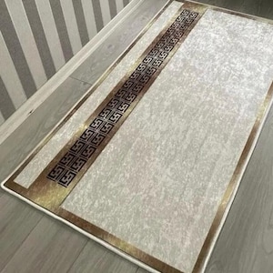 Golden Striped Taupe Rug, Taupe Gold Rug, Washable Area Rugs, Rugs for Living Room, Rug for Bedroom, Digital Print Rug, Modern Rug, Gift Rug