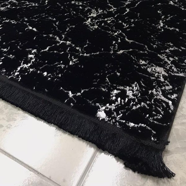 Black Fur Carpet, Black With Silver Feather Rug, Leather Sole Carpet, Non Slip Rug, Luxury Rug, Rugs For Living Room And Bedroom