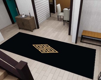 Golden Pattern Black Rug, Luxury Runner Rug, Washable Rug, Corridor Rug, Kitchen Rug, Personalized Rug, Custom Rug, Modern Rug, Non Slip Rug