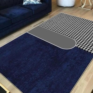 Dark Blue Abstract Rug, Navy With Black Rug, Rugs For Living Room And Bedroom, Washable Rug, Navy Rug, Leather Sole Rug, Home Gift Rug
