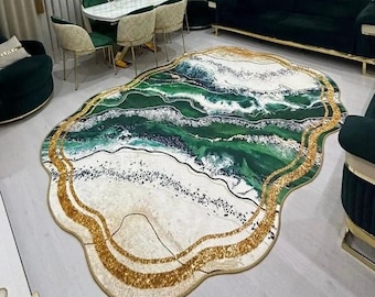 Alfombra de mármol verde esmeralda dorado, corte asimétrico, para sala de estar y dormitorio, lavable, antideslizante, con suela de cuero, regalo
