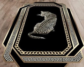 Alfombra de lujo negra con estampado dorado, alfombra con estampado de leopardo, decoración de lujo en negro y dorado, alfombras para sala de estar y dormitorio, alfombra lavable de cuero